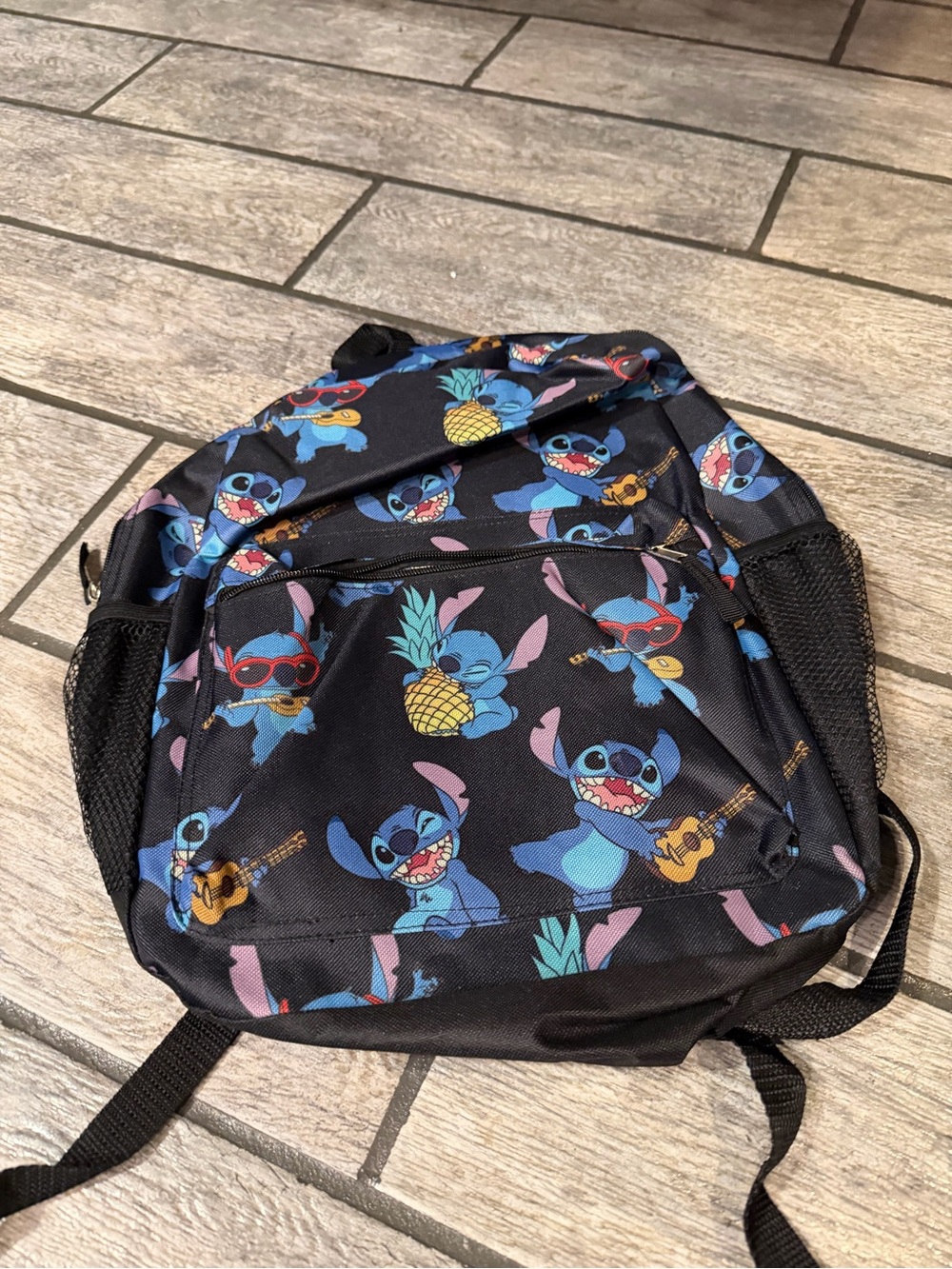 Black Stitch Print Backpack with Pineapple and Guitar Motif NWOT